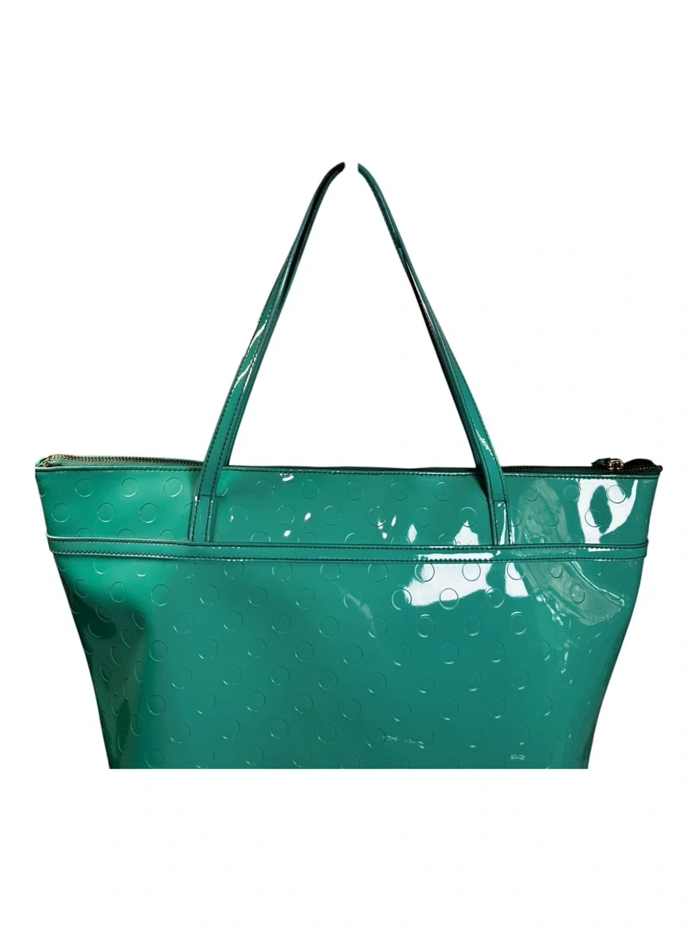 Kate Spade Teal Camellia Street Polka Dot Patent Leather Bow Accent Zip Tote Bag